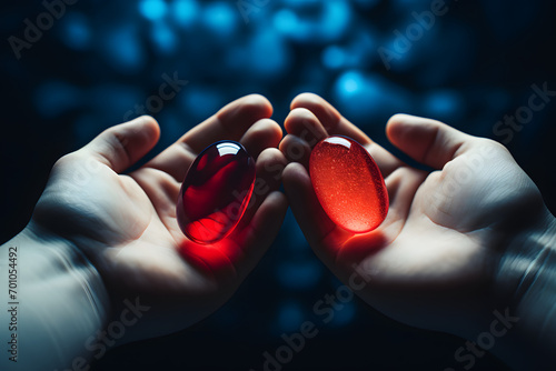 Red pill and blue pill, two pill, choice, pill choice, medication photo