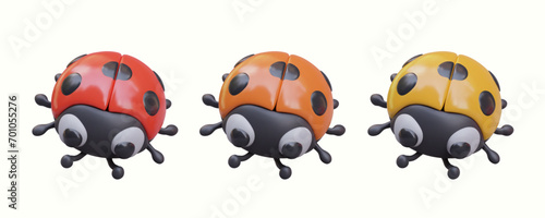 Collection with red, orange, and yellow ladybirds. Top view on ladybug cartoon character on white background. Beneficial insects concept. Vector illustration in 3d style