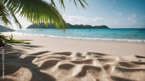View of the sea beach and coconut trees and leaves with copy space AI generated image