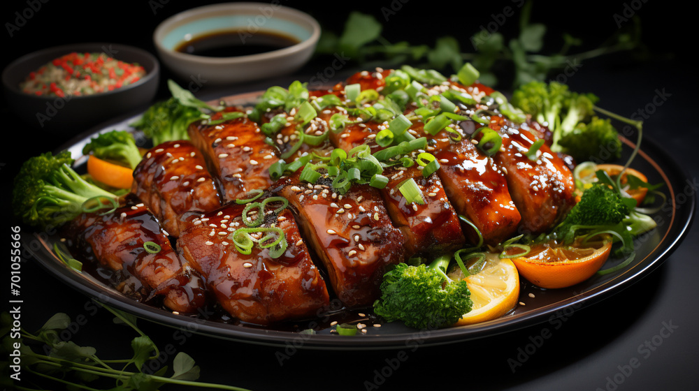 Thin and crispy honey garlic pork chops cooked in a Chinese restaurant, on a handmade plate Thin and crispy honey garlic pork chops cooked in a Chinese restaurant, on a handmade plate