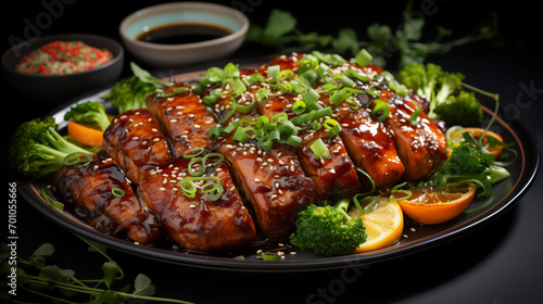 Thin and crispy honey garlic pork chops cooked in a Chinese restaurant, on a handmade plate