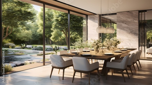 Modern dining space with an open-concept design  a marble-top table  and panoramic windows overlooking a lush garden