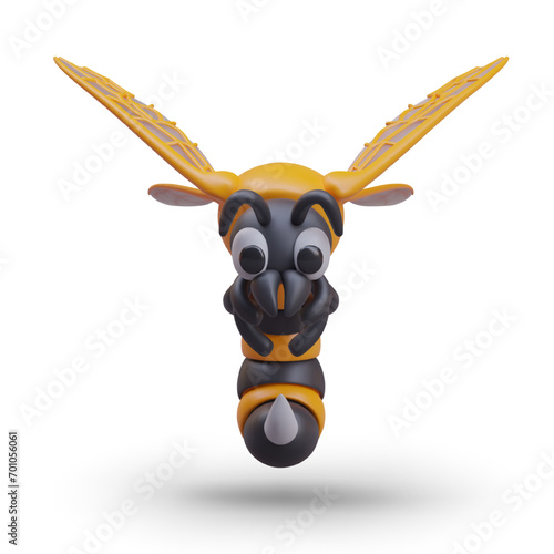 Realistic wasp, front view. Predatory insect in cartoon style. Isolated vector creature with funny face. Wasp sting closeup. Attack. Web design template