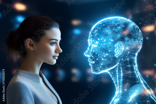 Ai artificial intelligence interacts with the woman as a two-dimensional hologram. Concept of near future AI robot and human relationship.