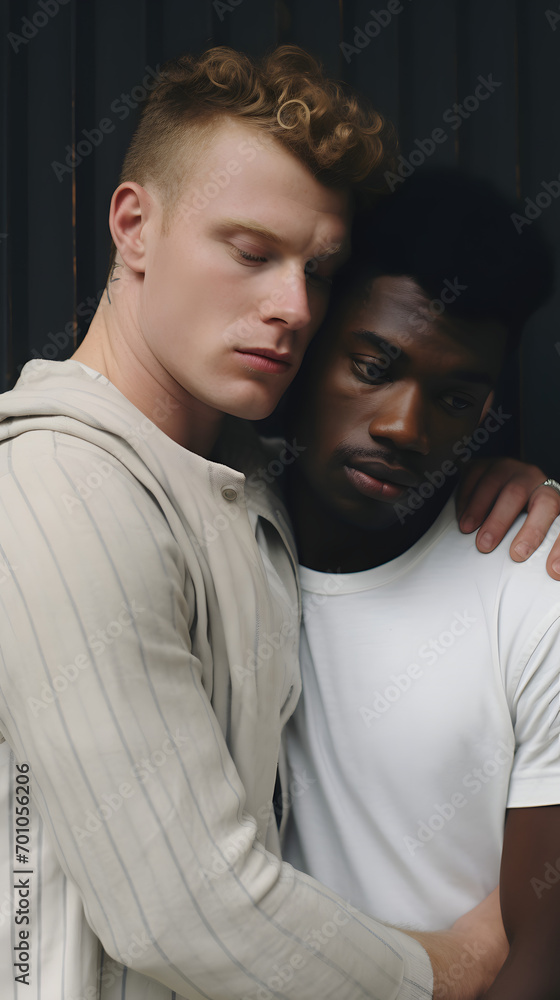 Obraz premium two diverse people having a hug, hug, two men having a hug, team, emotion
