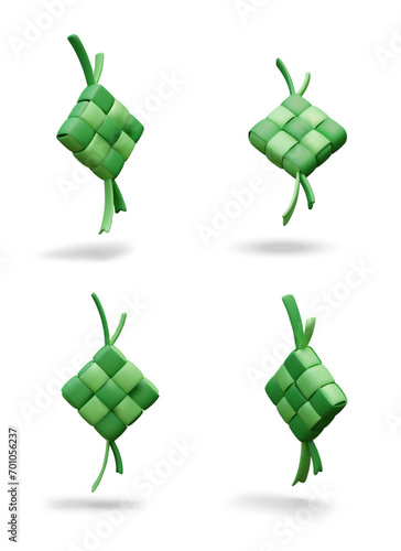 Green ketupat, traditional dish. Food wrapped in leaves. Celebration of Eid al Fitr. National cuisine. Selamat Hari Raya. Muslim kitchen. Set of realistic isolated images