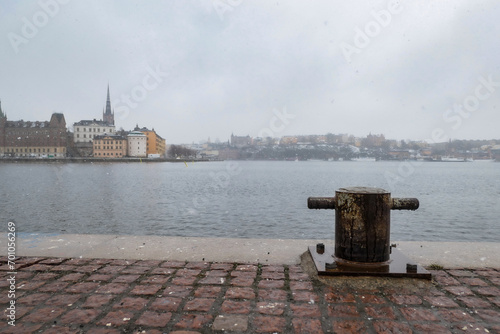 Photography Close up of a bollard in city at winter