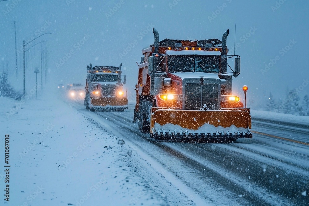 A truck with a snowplow moves on the road during snowfall in the evening A truck with a snowplow moves on the road during snowfall in the evening