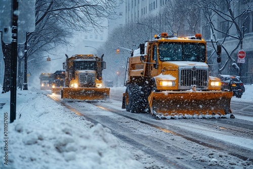 Snow plows clear the road from snow in New York during a blizzard, USA