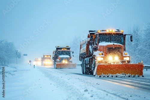 Snowplows on the road during heavy snowfall in the winter
