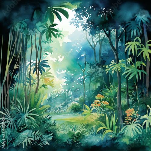 Image of the atmosphere in the forest created with watercolors.