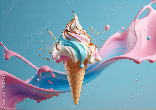 delicious flying creamy ice cream in an explosion of flavors on a colorful background photo