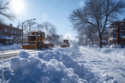 Snow removal equipment clears the road after snowfall in the city on a sunny winter morning