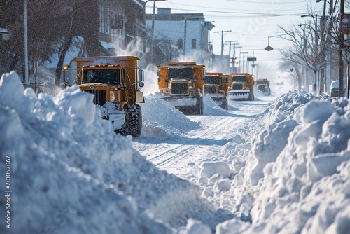 A snowplow clears piles of snow on the road after a blizzard in the city on a sunny day