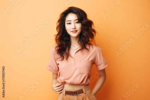 Beautiful young Asian woman dressed in Peach Fuzz pantone color casual style, posing in studio, copyspace