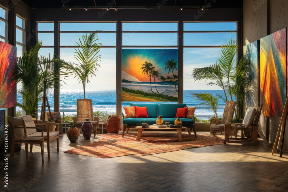 Fototapeta premium A vibrant surf-inspired art exhibition, capturing the energy and spirit of Hawaiian beach culture. Generative Ai.
