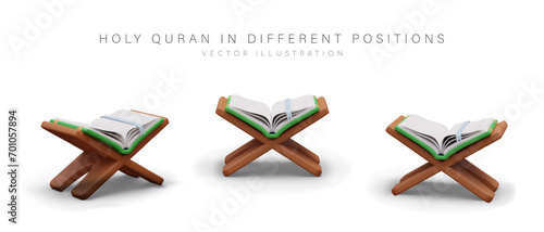 Realistic Koran on wooden stand. Opened Quran, holy book of Muslims. Vector object in different positions. Set of isolated images. Religious scriptures of Islam