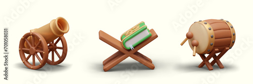 Collection with golden cannon, wooden stage with Quran and musical instrument bedug drum. Traditional Ramadan celebration composition. Vector illustration in 3d style