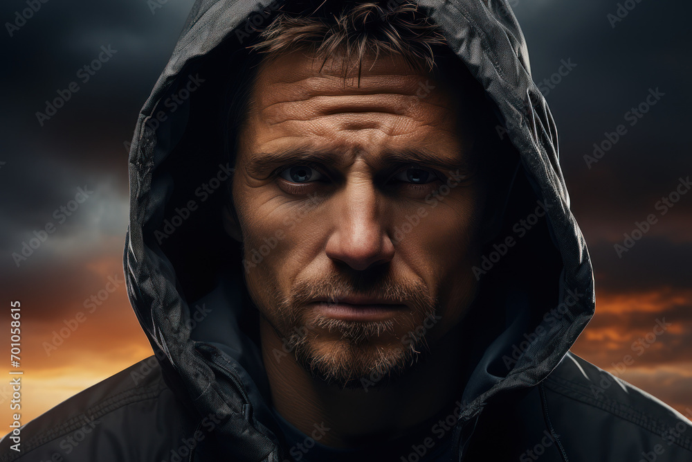 A dramatic portrait of a person against a stormy backdrop, capturing the isolating forces of life's challenges. Generative Ai. A dramatic portrait of a person against a stormy backdrop, capturing the isolating forces of life's challenges. Generative Ai.