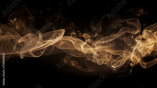 Abstract smoke swirls, yellow gold puff of smoke, orange smoke on a black background, isolated smoke with no background,