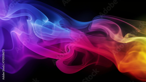 Abstract smoke swirls, multicolor puff of smoke, rainbow smoke, purple pink and blue, on a black background, isolated smoke with no background,