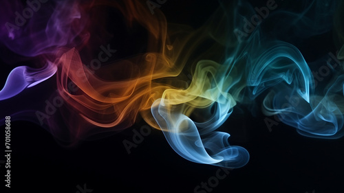 Abstract smoke swirls, multicolor puff of smoke, rainbow smoke, purple pink and blue, on a black background, isolated smoke with no background,
