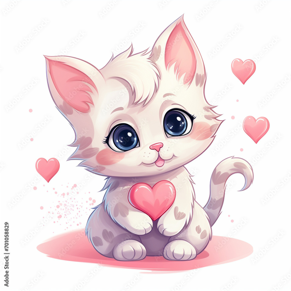 Cute kitten, pastel colors, valentine's day theme, illustration, white background