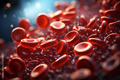 3d rendering of red blood cells in vein with depth of field, A 3D rendering of a blood vessel with blood cells flowing in one direction photo