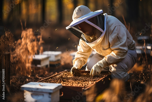 Male beekeeper wearing protective suit checking bee hive, man beekeeper holding taking care bee hive photo