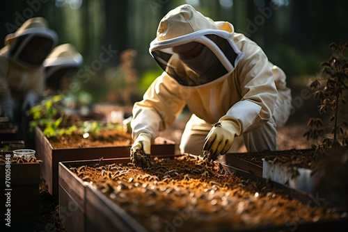Male beekeeper wearing protective suit checking bee hive, man beekeeper holding taking care bee hive