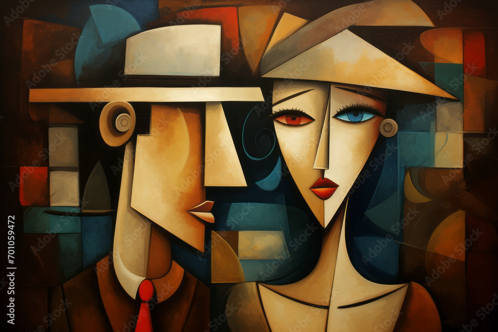 Woman and man couple in an abstract cubist or cubism style painting - obrazy, fototapety, plakaty 
