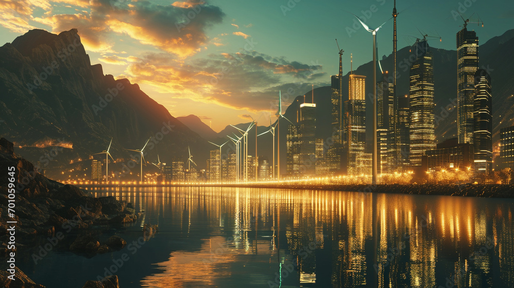 City where renewable energy sources power all lights, AI Generated
