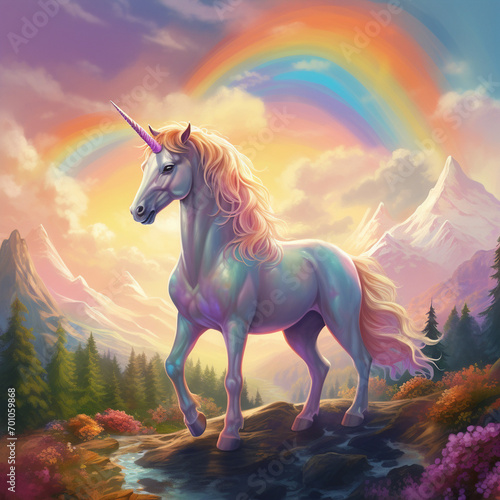 Unicorn, Mountain background and rainbow in the sky