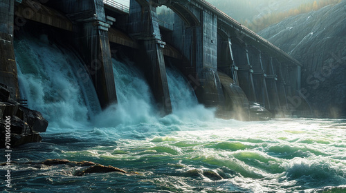 Artistic depiction of energy transfer in hydroelectric dam, AI Generated photo