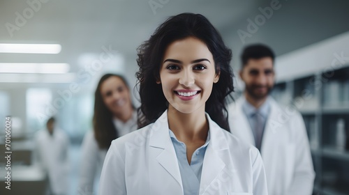 Smiling attractive indian female doctor in white coat in a laboratory