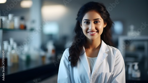 Foto Smiling attractive indian female doctor in white coat in a hospital