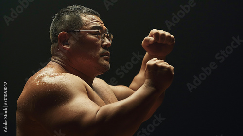 A middle-aged but muscular Japanese super heavyweight wrestler sticks out his big belly after a match photo