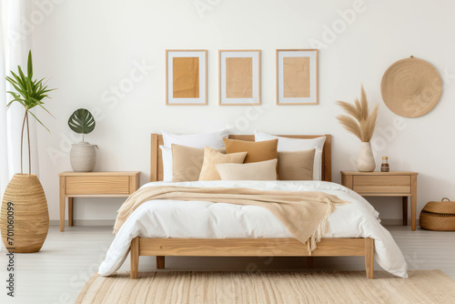 Bed home blanket design flat room furniture apartment white interior wooden wall interior © VICHIZH