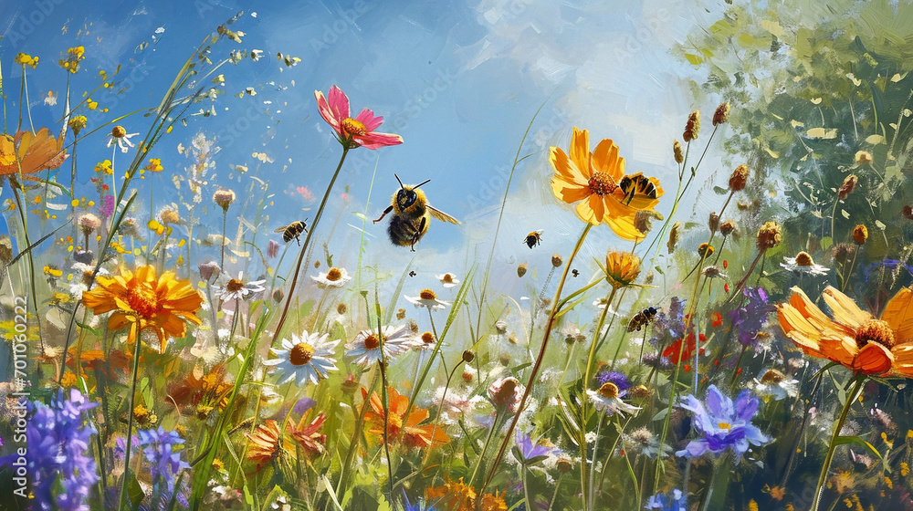 Cheerful honeybees in field of wildflowers, AI Generated