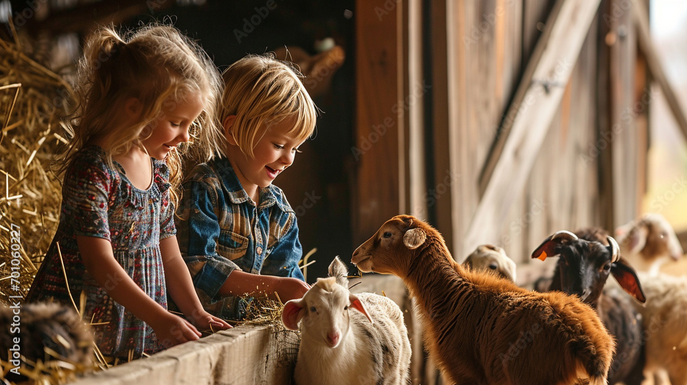 Children laughing while feeding barnyard animals on local farm, AI Generated
