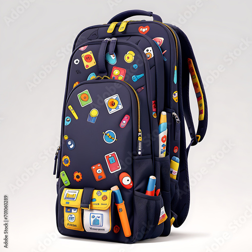 childish school backpacks with supplies, colorful bright bags