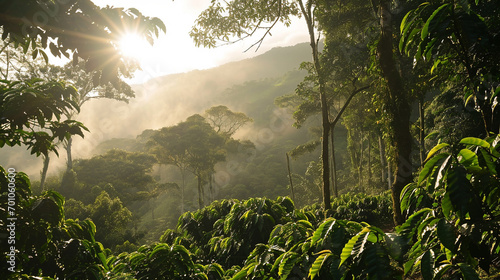Coffee growers in harmony with rainforest habitat, AI Generated