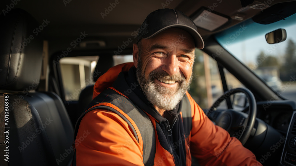 A smiling delivery man delivers packages by car A smiling delivery man delivers packages by car