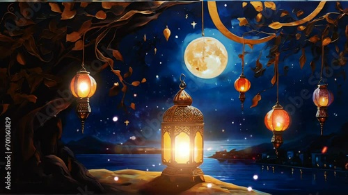 Ramadan decoration with arabic lantern and candle illuminates in the night. Seamless Animation 4K Video Background.