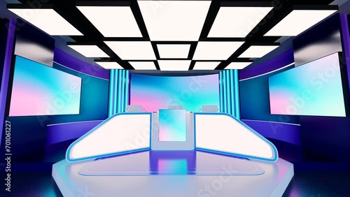 3D animation of Studio interior for news broadcasting, Virtual TV Studio News Set. photo