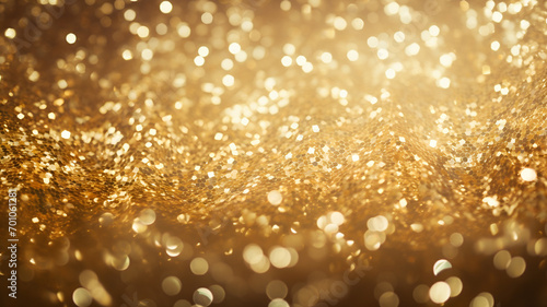 Gold sparkles and glitters, golden sequins, blurry bokeh of gold rain picture, shiny, very bright, abstract gold background, golden texture