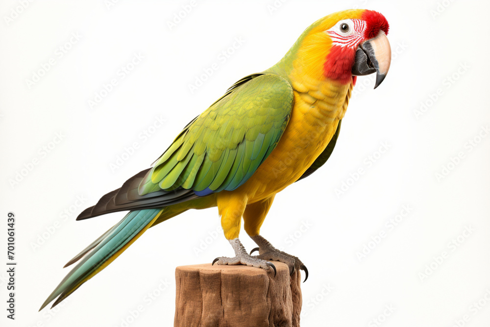 Fototapeta premium Colorful Parrot standing on a white background. Animal side portrait. 