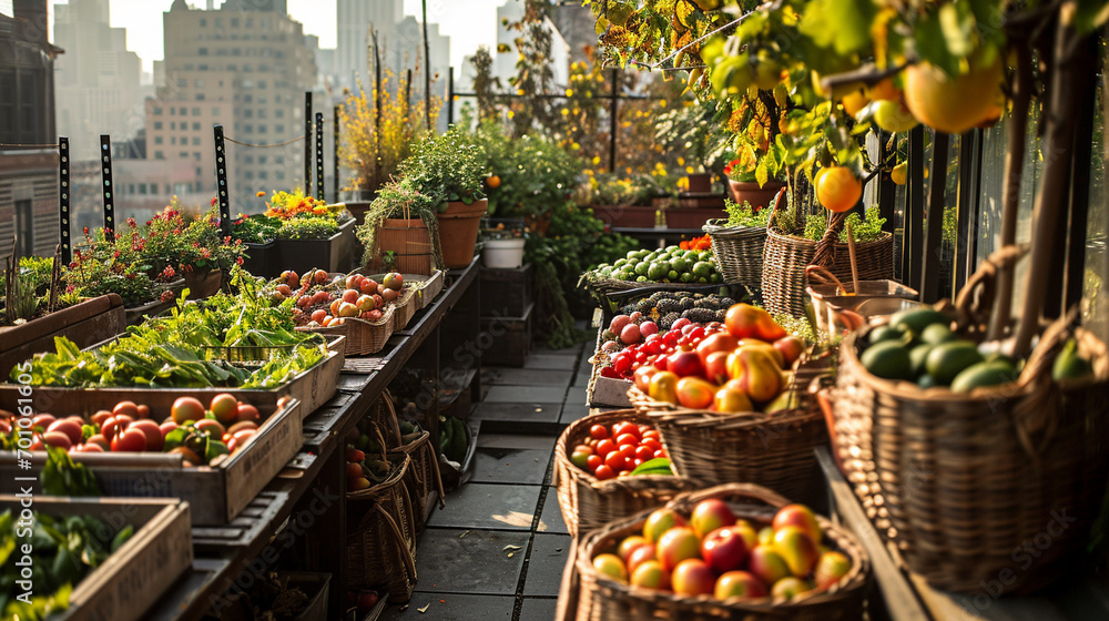 Fruit baskets overflowing in urban rooftop garden, AI Generated