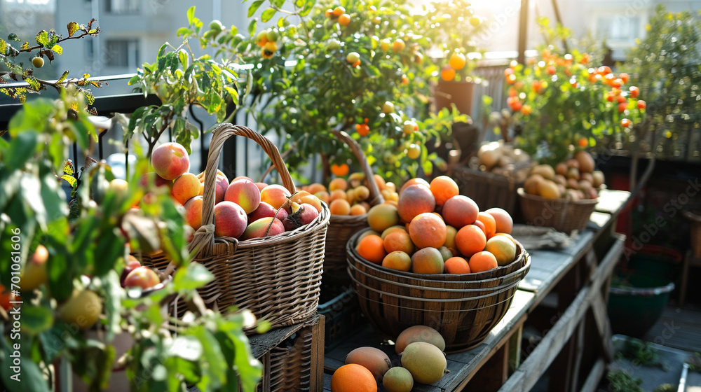 Fruit baskets overflowing in urban rooftop garden, AI Generated