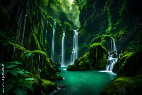 Photographie A cascading waterfall in a lush green canyon.